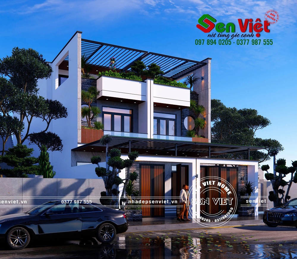 Mẫu nhà 2 tầng hiện đại mặt tiền đôi