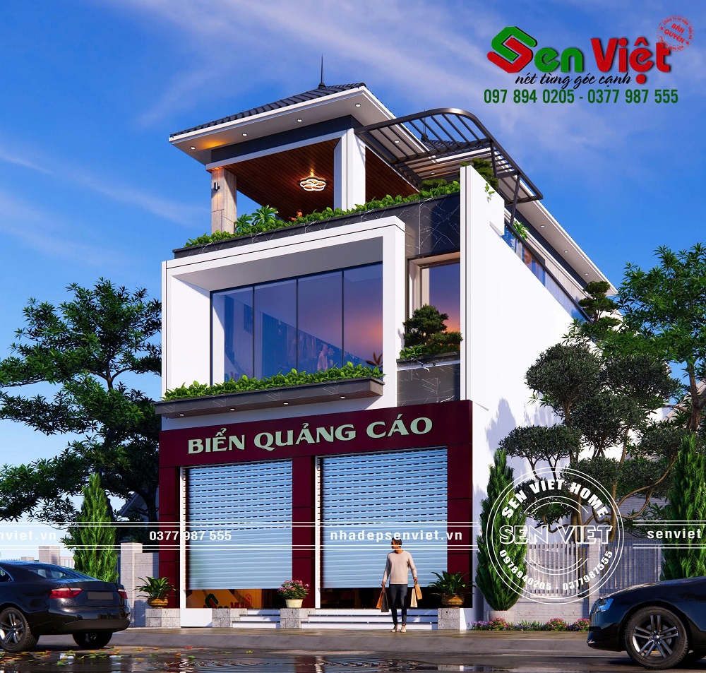 Thiết kế ngoại thất nhà phố 3 tầng mái Nhật kết hợp kinh doanh hiện đại