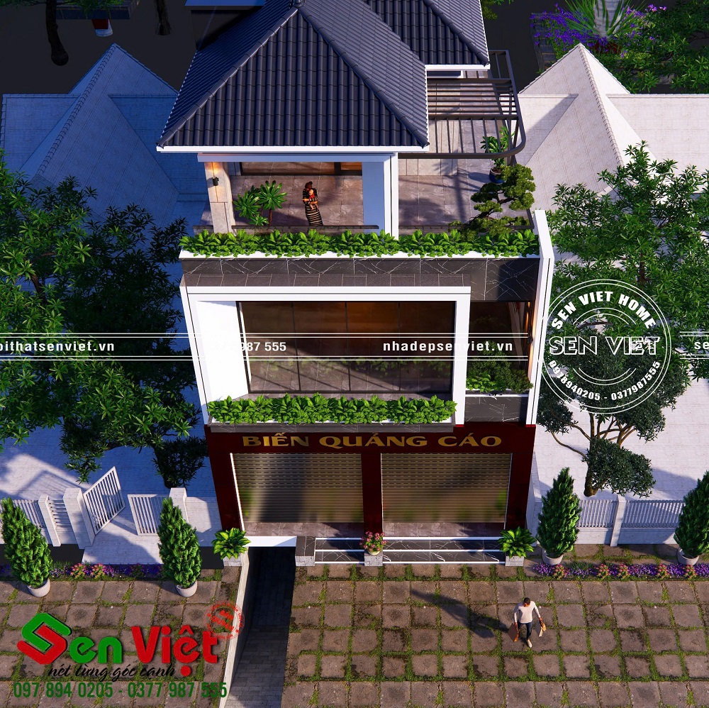 Thiết kế ngoại thất nhà phố 3 tầng mái Nhật kết hợp kinh doanh hiện đại