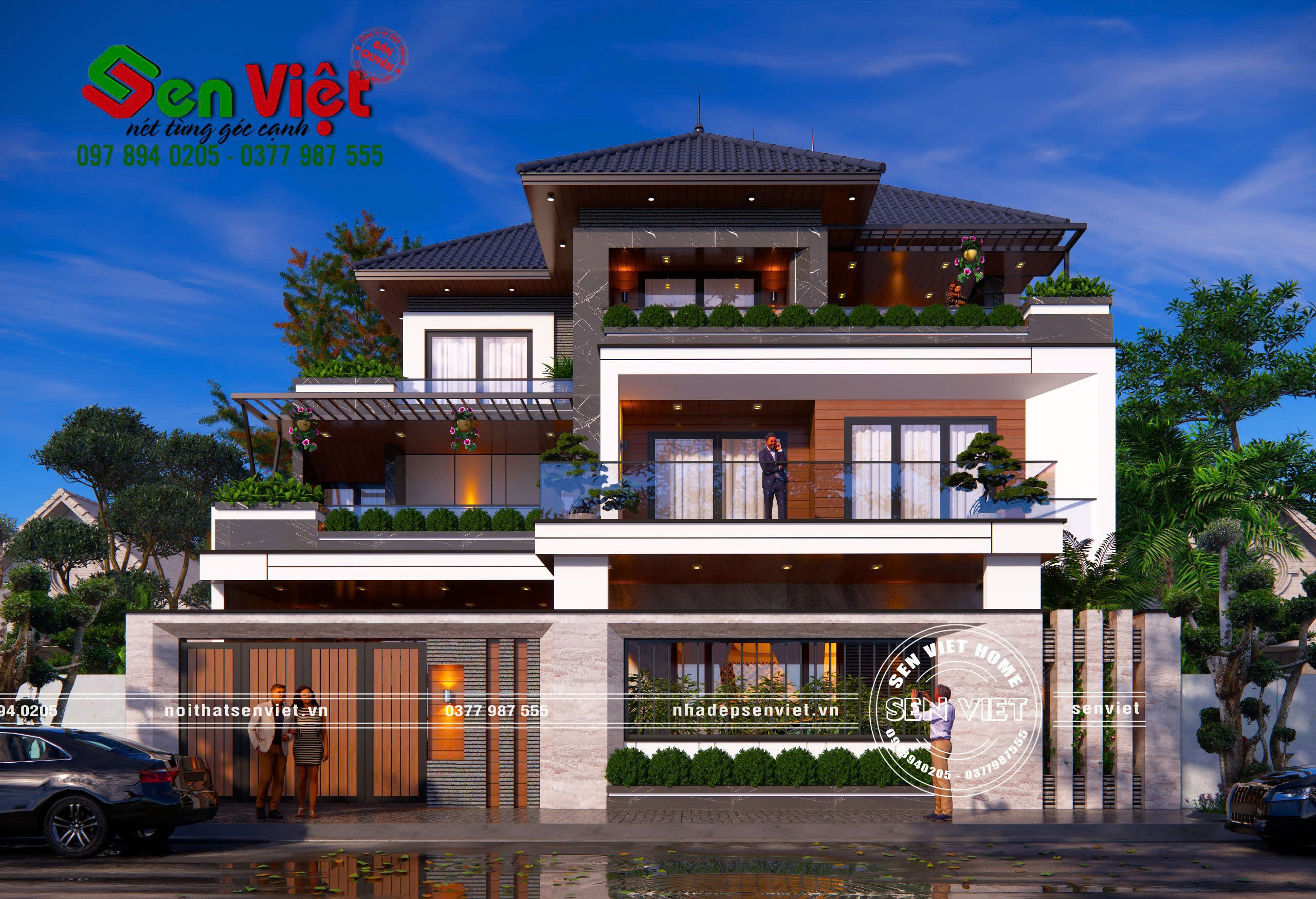 Mẫu nhà 3 tầng mái Nhật hiện đại KT 14x15m - 1