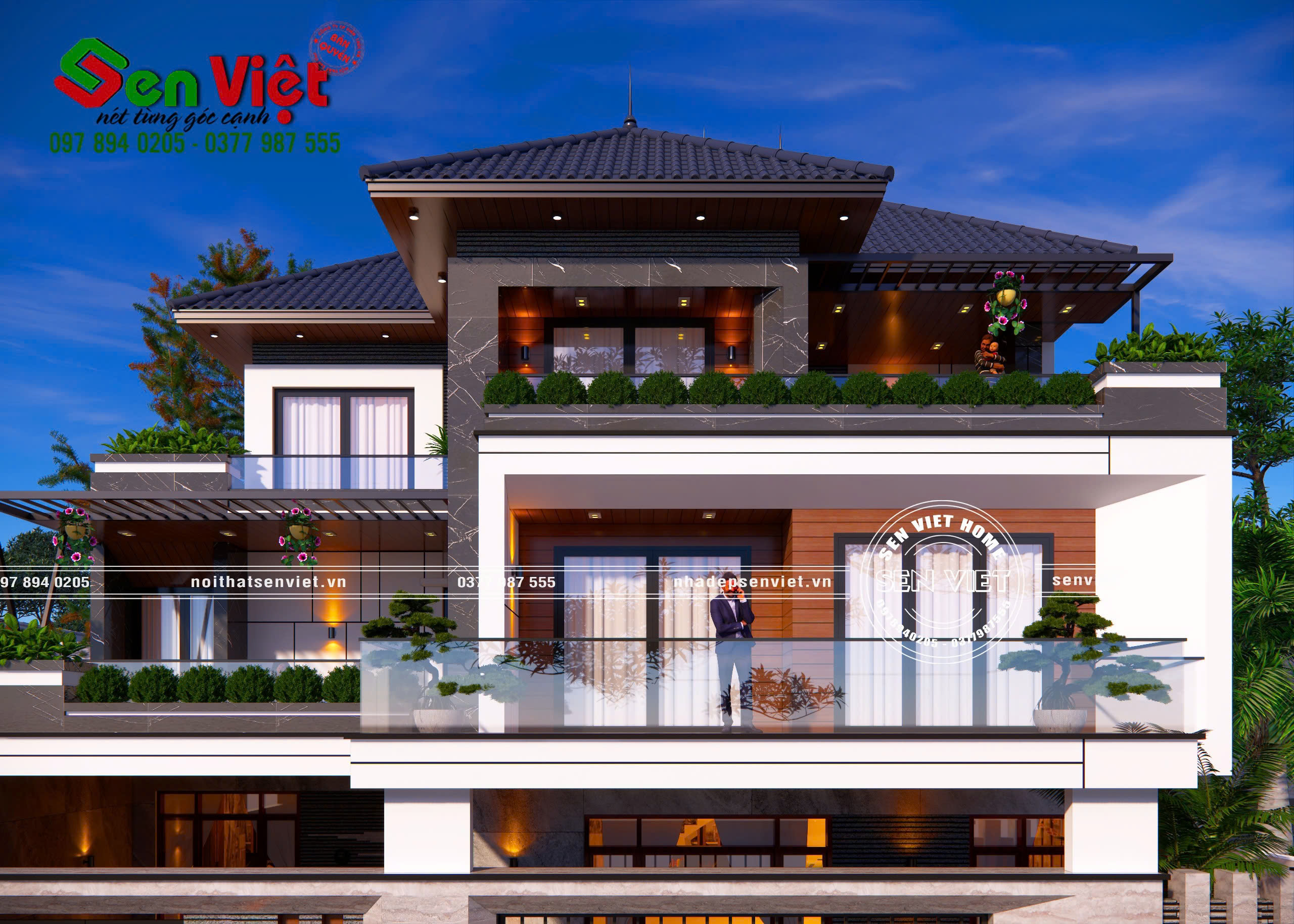 Mẫu nhà 3 tầng mái Nhật hiện đại KT 14x15m - 2